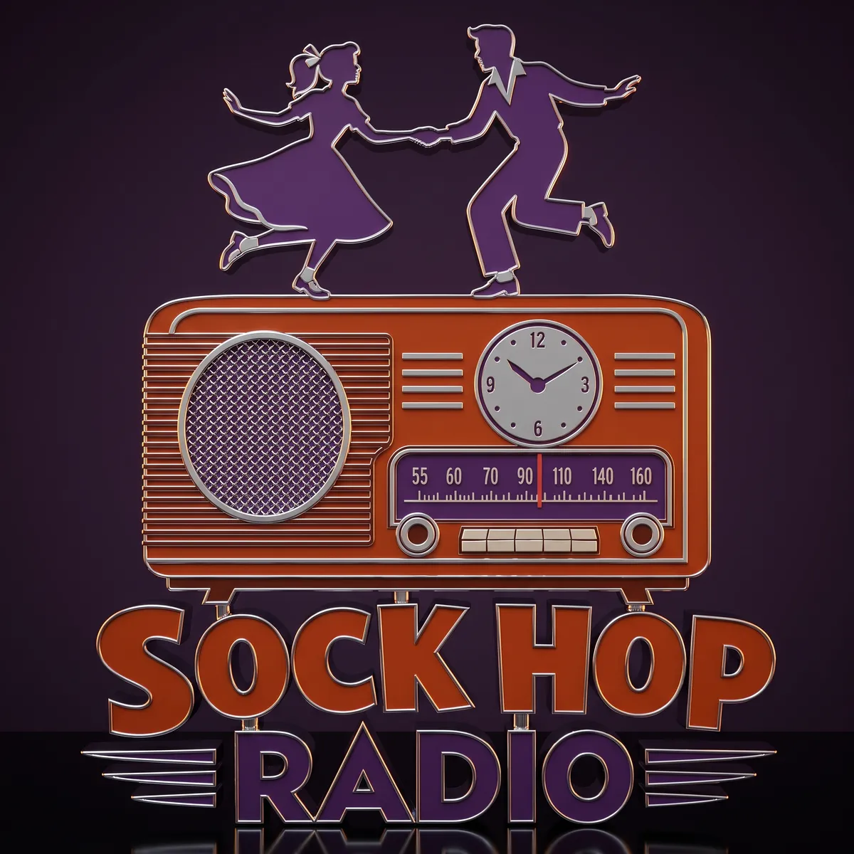The Sock Hop Radio mark rendered as a chrome and enamel sculpture