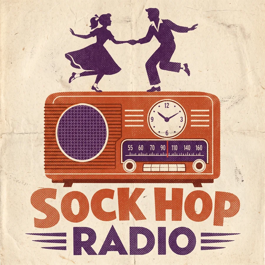 Sock Hop Radio logo: a dancing couple jiving on top of a burnt-orange tabletop radio, printed in halftone on aged paper.