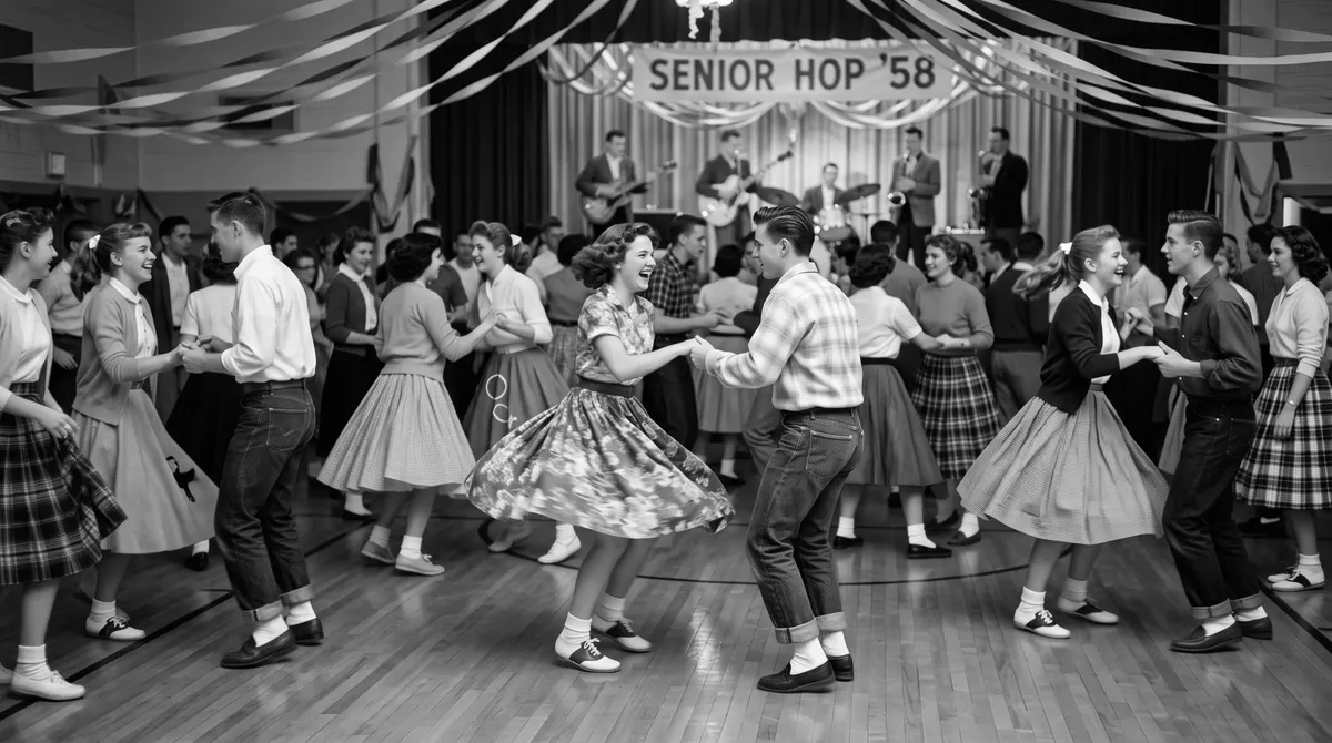 Illustration of a 1950s sock hop: teenagers dancing on a gymnasium floor in saddle shoes and swing skirts, a band on the stage behind them, streamers overhead.