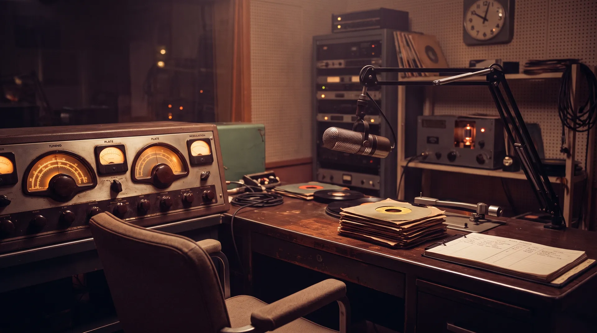 A vintage radio control room, warm tuning dials glowing, a microphone hanging over a desk stacked with 45s