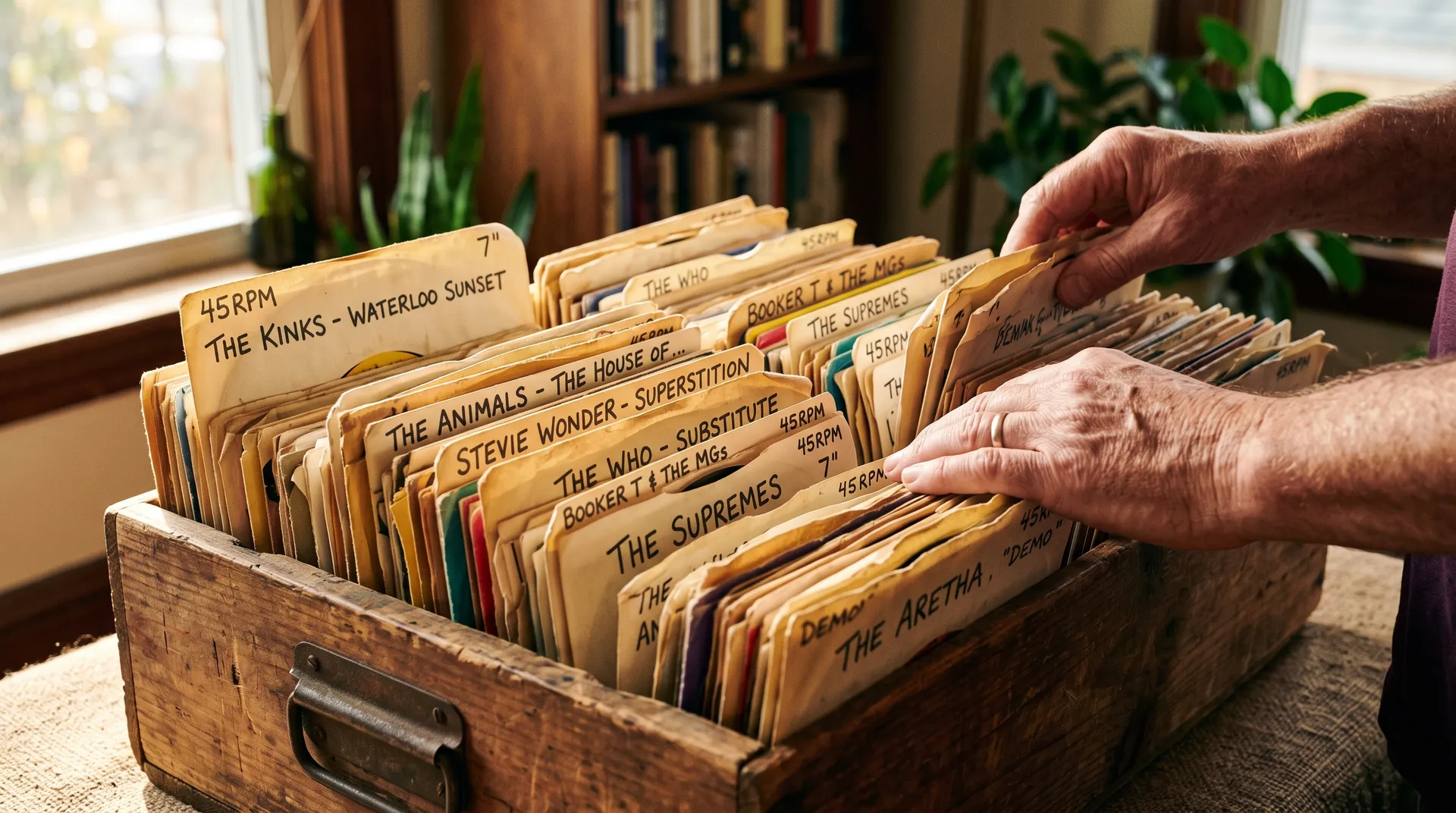 Hands flipping through a wooden crate of 45 rpm singles in handwritten paper sleeves