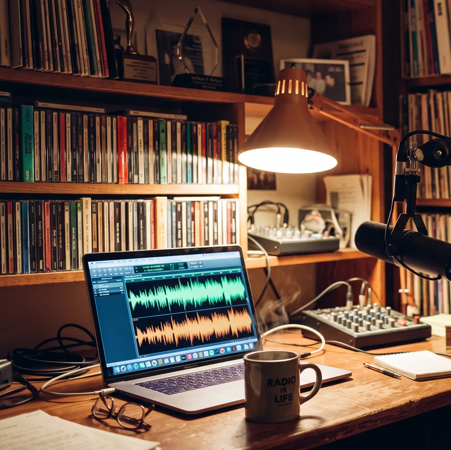 A small home studio at night, a microphone on a boom arm under a warm desk lamp, shelves of records behind