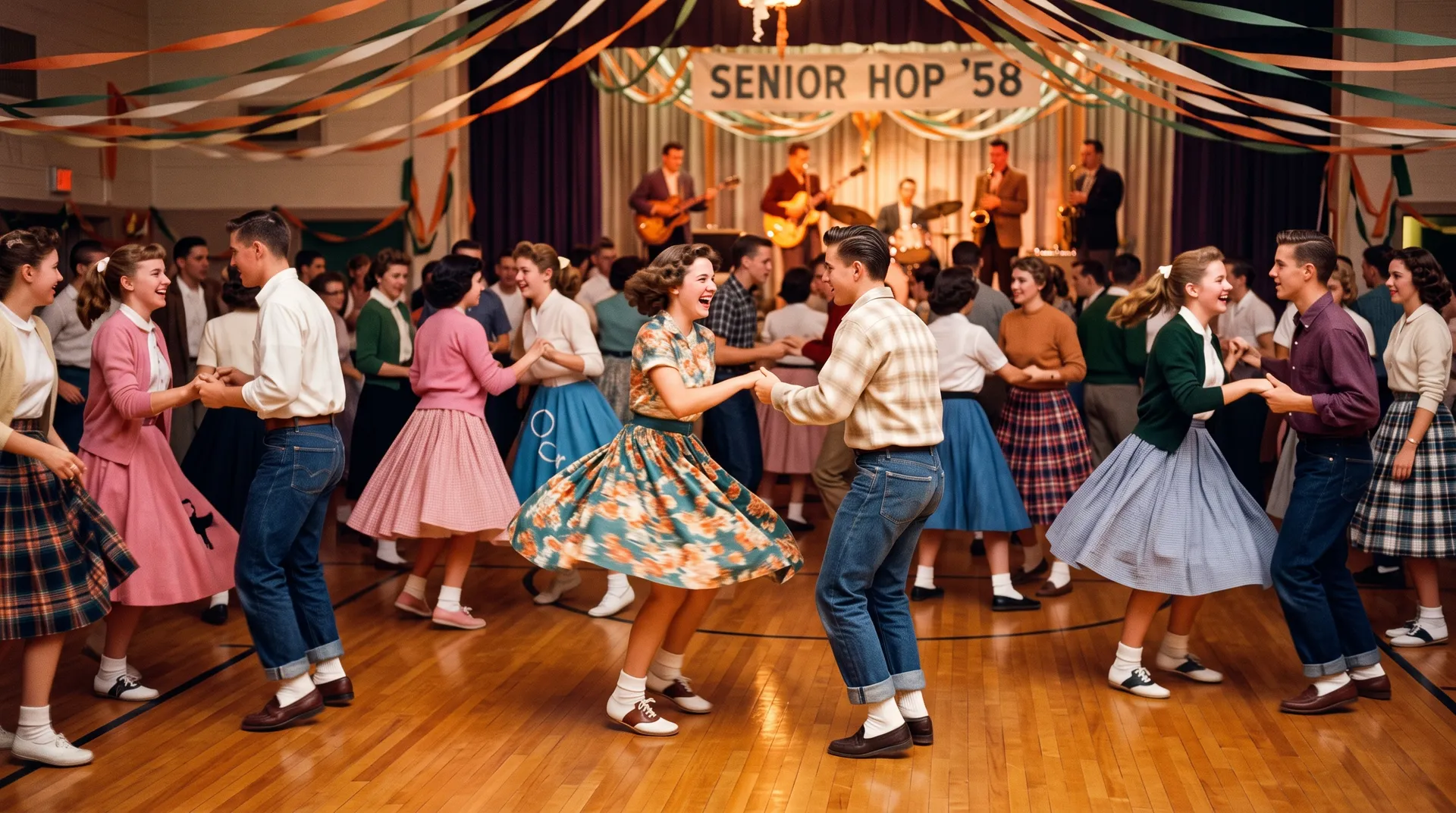 A packed 1950s sock hop, couples twisting on a gym floor under paper streamers while a band plays on stage