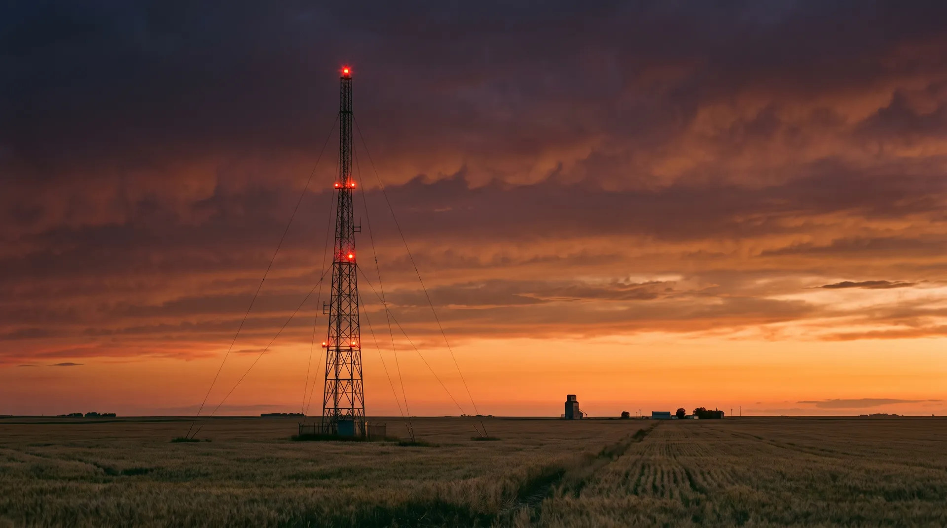 A red-lit radio tower in a prairie wheat field at dusk, a grain elevator small on the horizon