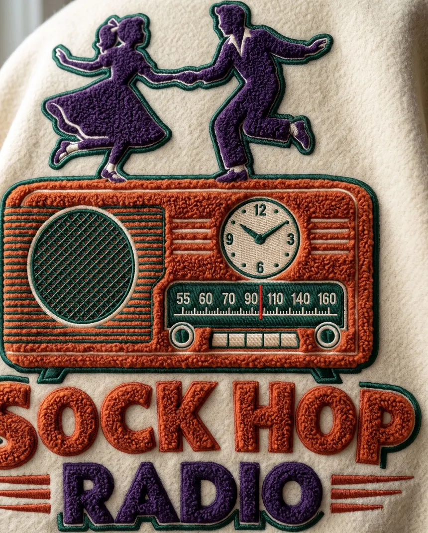 Embroidered chenille patch of the Sock Hop Radio logo — a burnt-orange vintage radio with a purple couple dancing on top