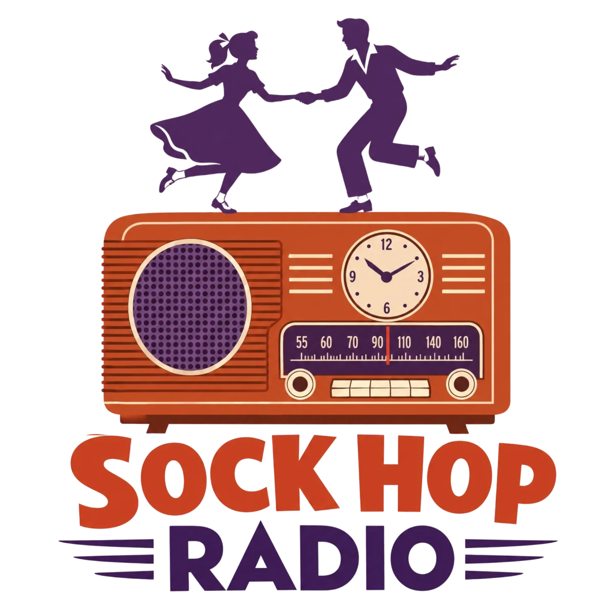Sock Hop Radio logo — dancing couple on a vintage radio